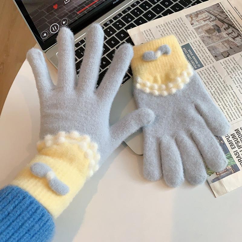 2025 Cute Bow Knitted Plush Gloves Autumn And Winter Warm Five-finger Cute Student Winter Gloves