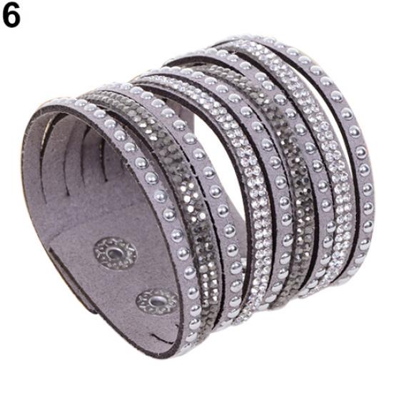 Women's Multilayer Wrap Rivet Rhinestone Suede Cuff Bangle Wristband Bracelet ADM