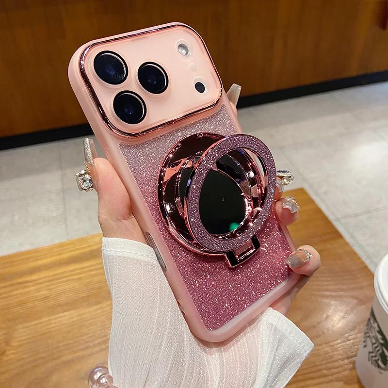 Luxury Glitter Bling Camera Full-pack Film Case For IPhone 17 Pro Max Air 16 15 14 13 12 Magnetic Make-up Mirror Bracket Cover