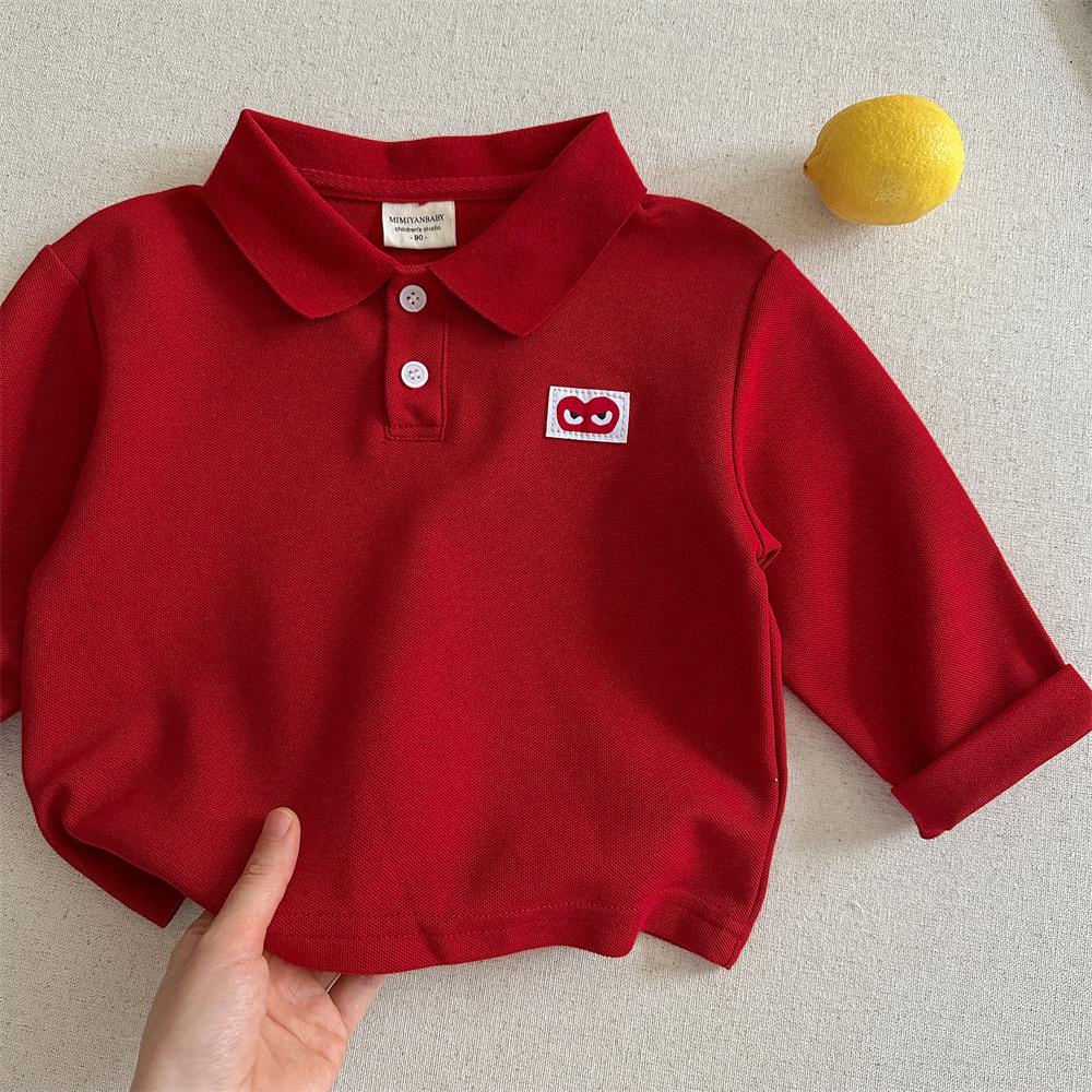 Kids Solid Long Sleeve Polo Shirt with Heart Print for Boys and Girls