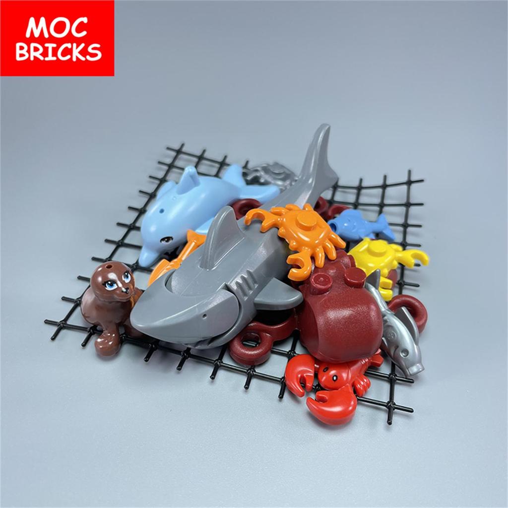 Set  MOC Bricks Fishing Net Ocean Animals Dolphin Little Shark Seal Whale Educational Building Blocks Toys Kids Gifts