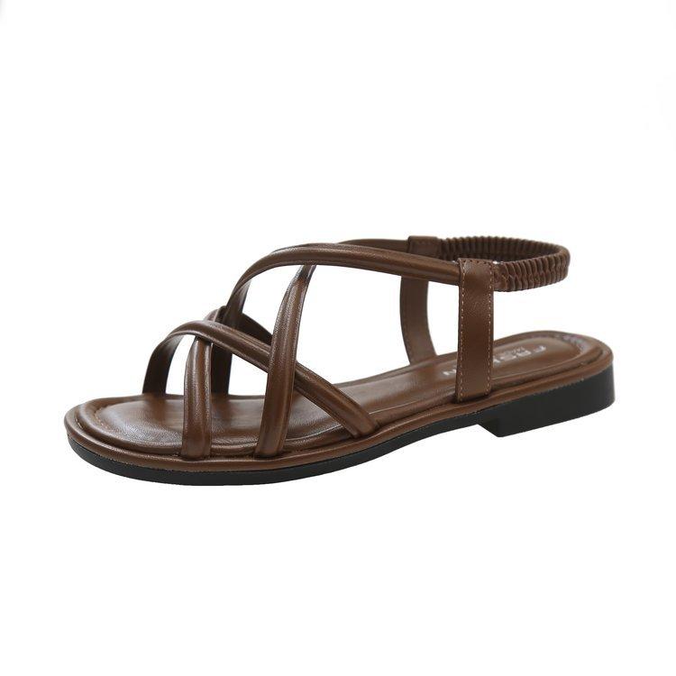 Fashion Comemore 2025 Summer New Flat Sandals Women Cross Strap Open Toe Elastic Women Shoes Casual Solid Beach Soft Bottom Sandales