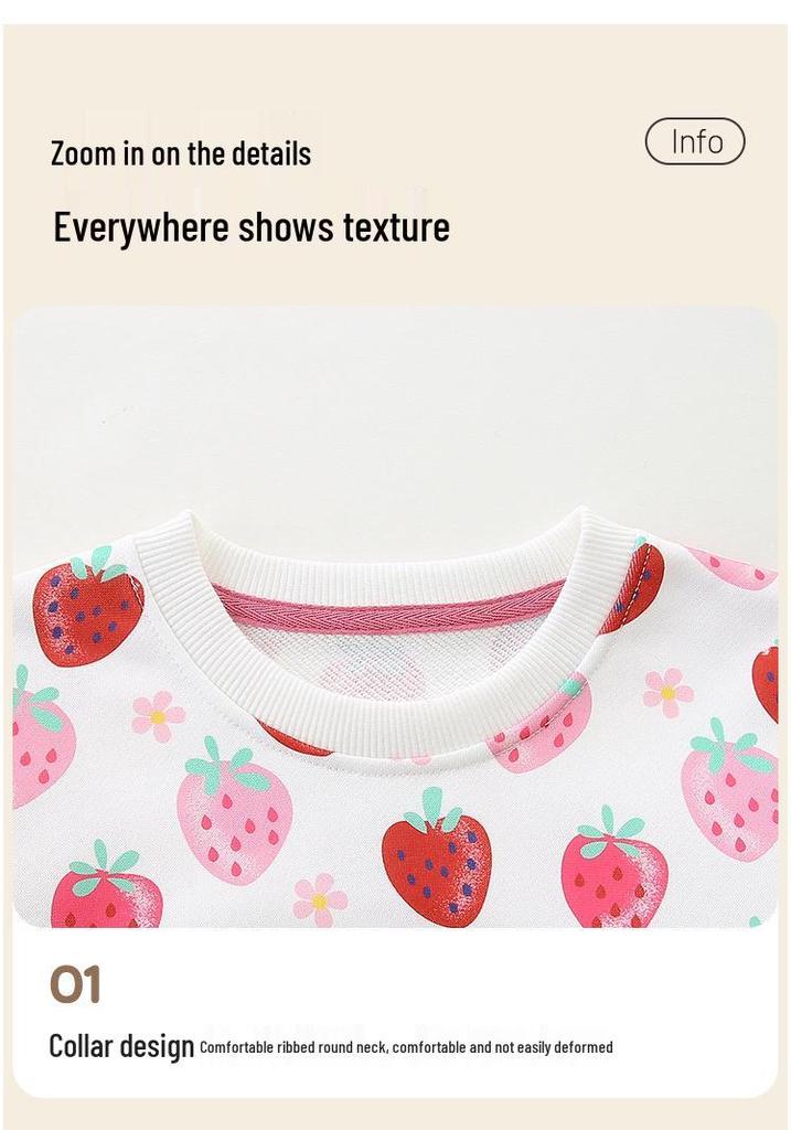 New Autumn Girls' Strawberry Pattern Hoodie, Round Neck Pullover, Kids' Cute Clothing