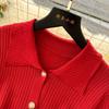 Autumn Winter Women Casual Turn-down Collar Knitted Sweater Long Midi Red Pullover Dresses