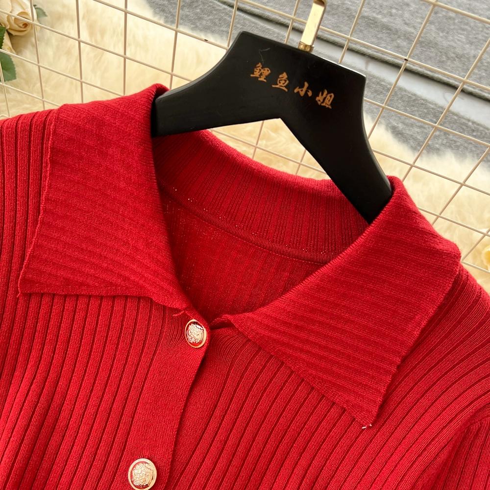 Autumn Winter Women Casual Turn-down Collar Knitted Sweater Long Midi Red Pullover Dresses