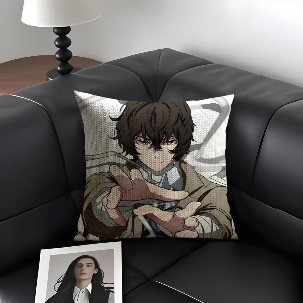 BBunGo SStray Dogs Anime Cushion Cover Natural Linen Organic Fabric DoubleSided Printing Sofa Home Decor Gift Pillow Case