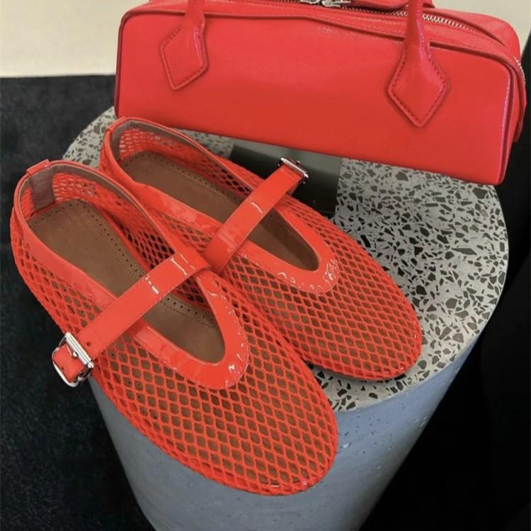 European and American Spring and Summer New Fashionable Hand-woven One-word Buckle Shallow Mouth Flat-bottomed Ballet Shoes Hollowed Out