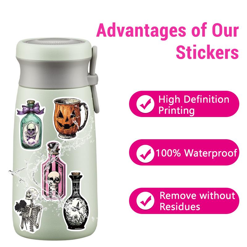 50PCS Retro Halloween Magic Potion Stickers Magic Skull Bat Potion Sticker Skull Pumpkin Theme Potion Sticker Gothic Style Vinyl