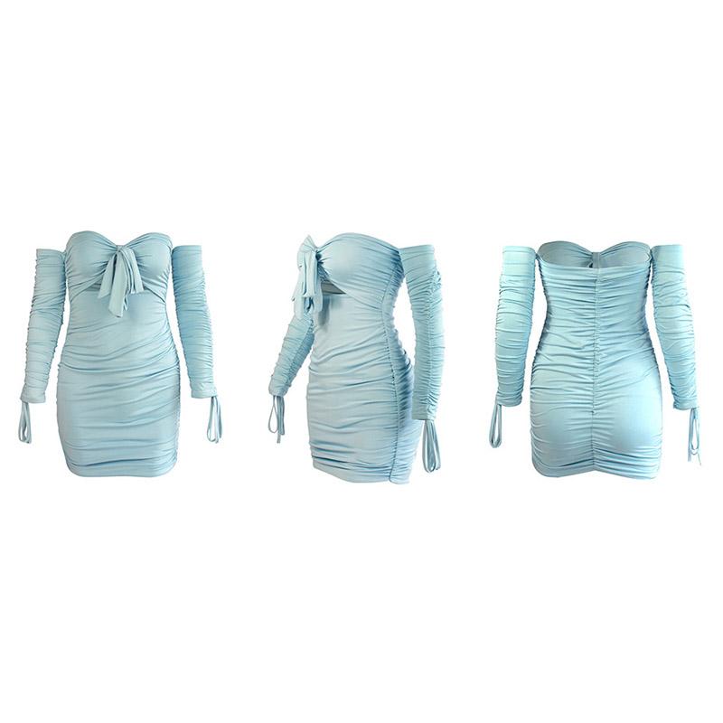 Frau Schlank Atmungsaktive Hüfte Rock Mode Nähen Einfarbig Verband Langarm Falten Kleid