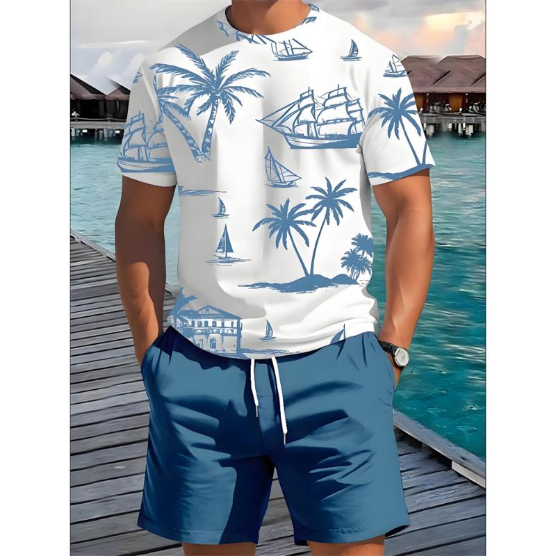 Conjunto de 2 piezas de pantalones cortos de manga corta para hombre, informales, de verano, para uso diario, con estampado hawaiano, para hombre, para deportes al aire libre, para playa