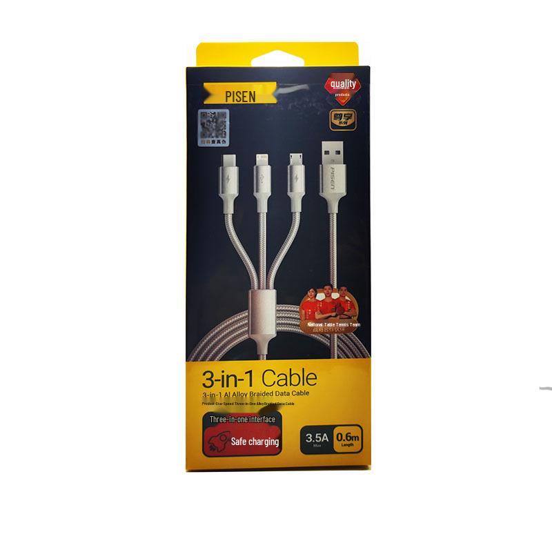 Pisen 100W USB-C 3-in-1 Braided Fast Charging Cable, Customizable with Logo.