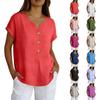 Women's Notch Neck Button Front Short Sleeve Linen Blouse Casual Loose Fit Tunic Top