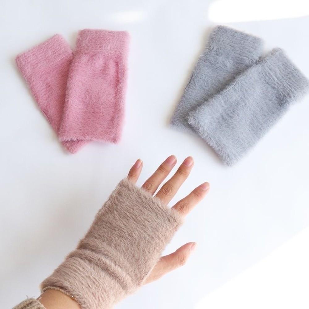 Faux Fur Half Mittens Thick Plush Gloves Protable Fingerless Gloves  Autumn Winter