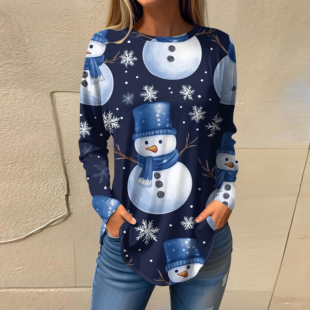 Women's Fashion Loose Round Neck Christmas Printed Long Sleeve T-Shirt Top