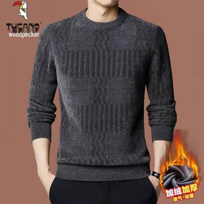 Woodpecker Men's Chenille Sweater - Autumn/Winter, Plus Velvet, Thick Warm Knit, Round Neck Base Layer