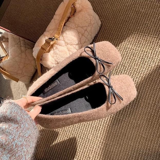 Autumn and winter bow plush warm shallow mouth ballet single shoes gentle soft waxy plush square head ballet ladyshoes women