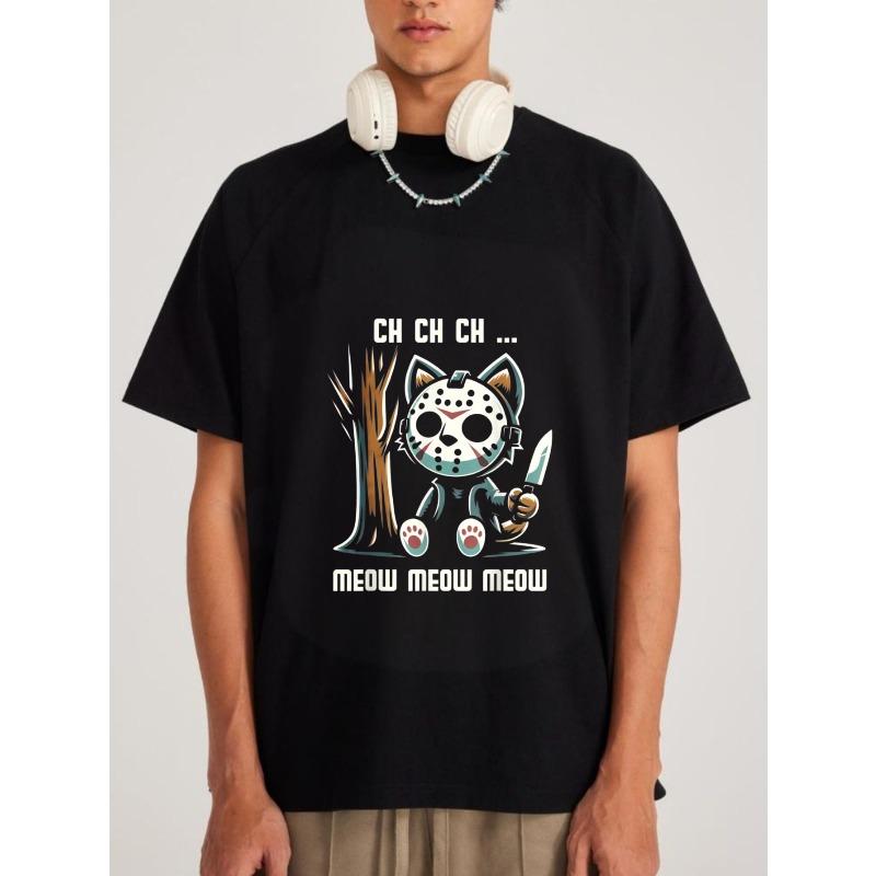 

Crewneck T Shirt White Cat with Knife and Tree Graphic Ch Ch Ch Meow Meow Meow Text Print Casual Wear for Men and Women XXXXL чорний