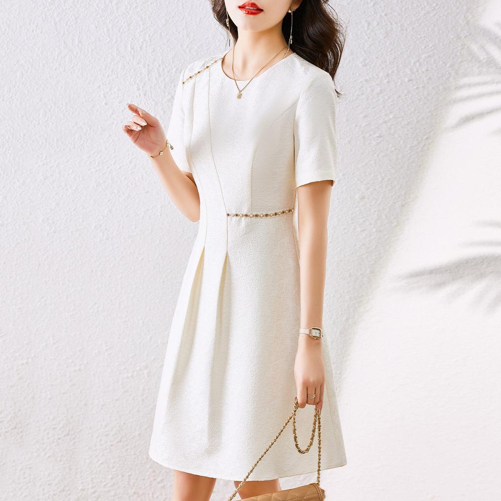 Good Looking Outfit, Summer Hot Item, Design Sense, Temperament, Commuting Nail Bead Round Neck Short Sleeved Dress, Women's Slimming A-line Skirt