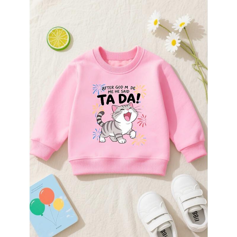 European sizes Adorable Feline-Themed Kids' Crewneck Sweatshirt, Made from Casual with Long Sleeves And a Bit of Stretch