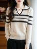 Women's Striped Color Block Lapel Sweater - 100% Wool, Honeycomb Stitch, Autumn/Winter Knitwear