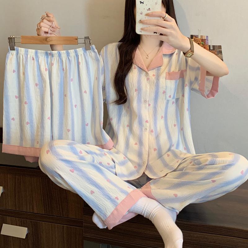 Leopard Print Love Heart Short Sleeve Pajama Set: Women's Summer Cloud Cotton Three-Piece Loungewear