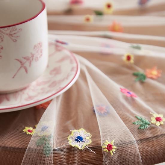 Transparente Esstischmatte, dünnes, sichtbares Netzgewebe, bunte Blumenstickerei, runder Tischschutz, dekorative Tischdecke für Partydekoration