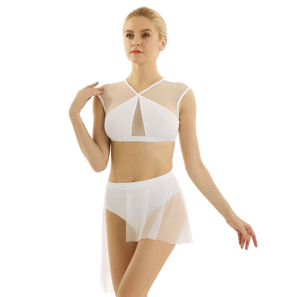 Tanzkleid für Damen, asymmetrisches Mesh-Ballett, lateinamerikanische Tanz-Outfits, überkreuzte Crop-Tops und kurzer Rock