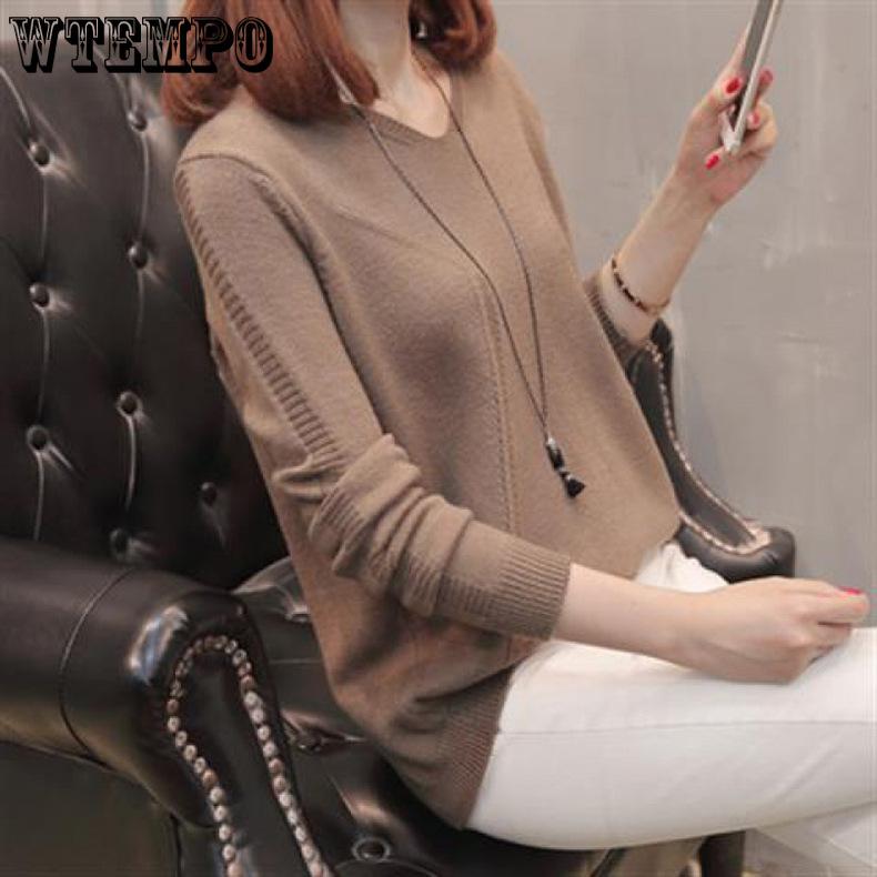 Women's V-neck Pullover Sweater Long Sleeved Sweater Autumn and Winter Solid Color Knitted Sweater for Women