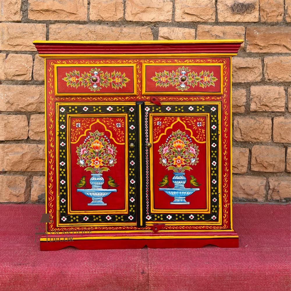 Wooden Painted Cabinet | Traditional Indian Storage Desk SideBoard| Bedside Floral Design | Home Decor Cupboard | Painted Accent Furniture