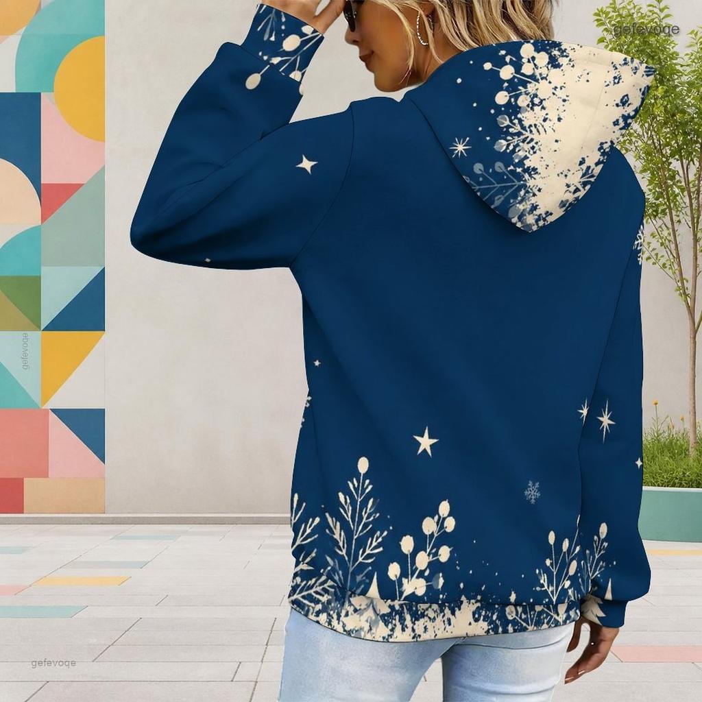 Women Plus Size Navy Snowflake Printed Long Sleeve Drawstring Hoodie Kangaroo Pocket Pullover