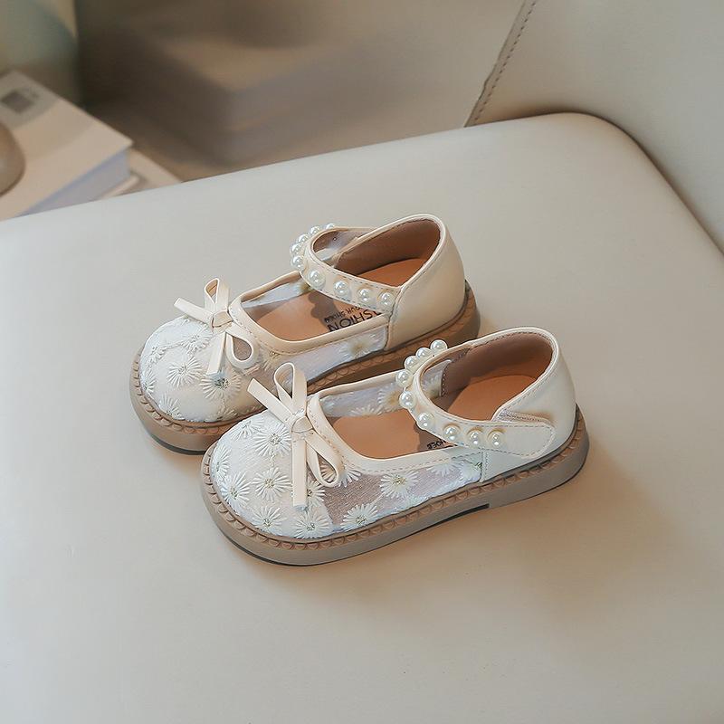 Spring-summer new style girls' leather shoes, breathable bow princess mesh shoes for little girls, soft sole sandals for baby girls