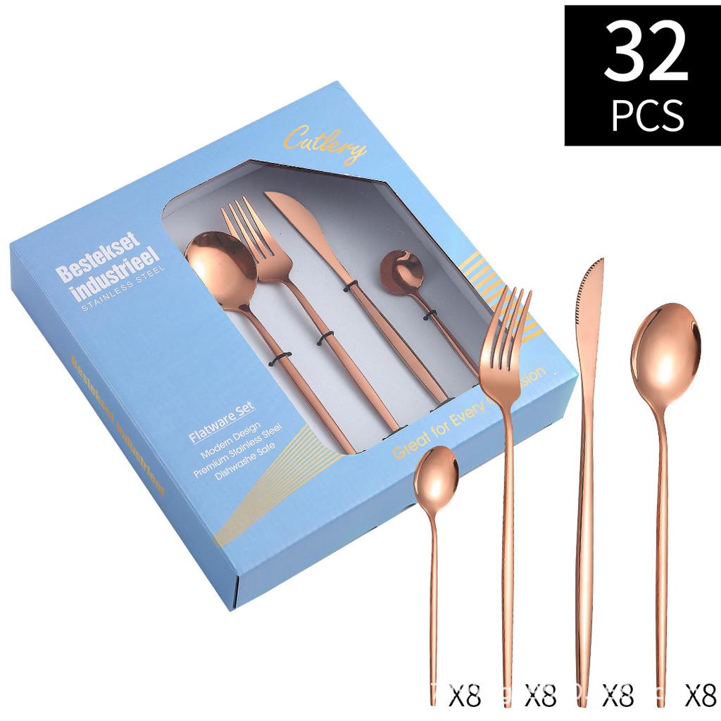 Stainless Steel Western Tableware 32 Pieces Suit Steak Knife, Fork and Spoon Gift Package with Window-Type Holes Suit