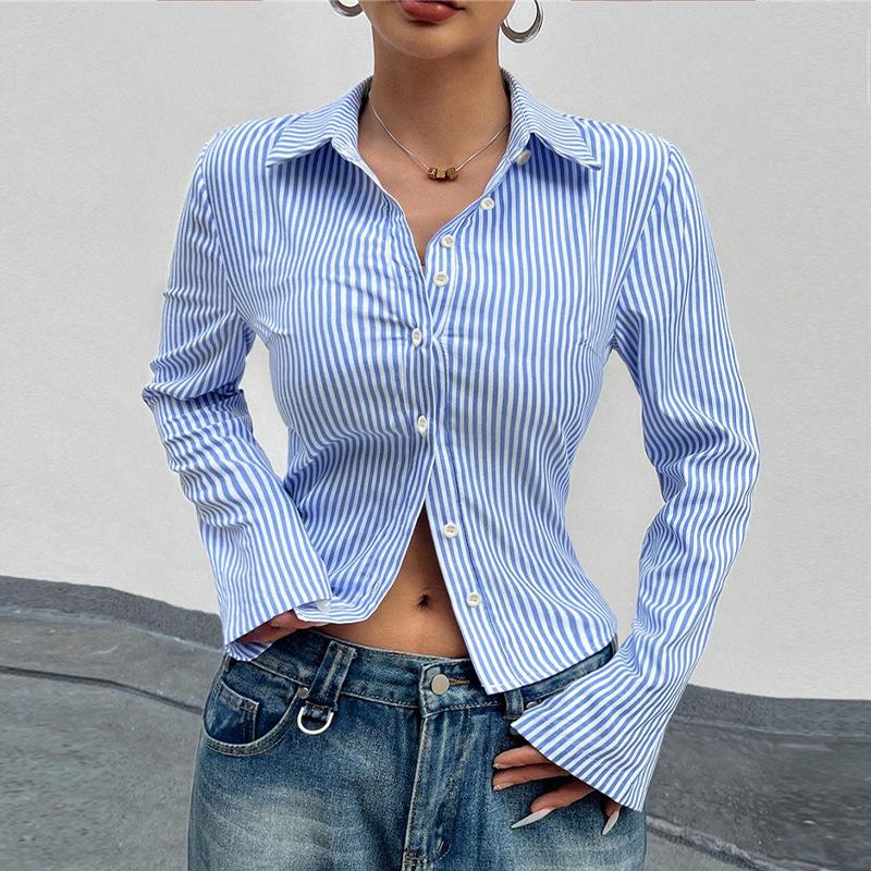 

Women Shirt Spring Autumn Polo Neck Blue Stripe Button Long Sleeve Workwear Office Lady Casual Slim Cardigan Blouse Short Shirts S