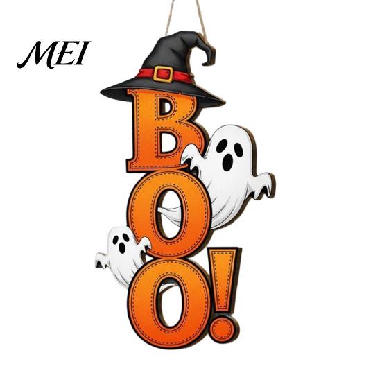 Decorative Hanging Sign Halloween Boo Ghost Sign, Wooden Door Hanger Cute Retro Decor Witch Hat for Front Wall Festival Celebration