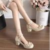 French Satin Bow Chunky Heel Mary Jane Shoes for Women Elegant Ankle Strap Square Toe High Heeled Pumps Ladies Lolita Shoes