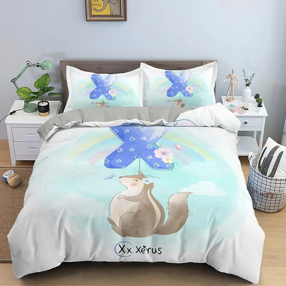 Bettbezug Tiere Cartoon Eichhörnchen Frühlingswiese Wald Fauna Schlafzimmer Dekorativ für Kinder Jungen Mädchen Geschenk Queen Size