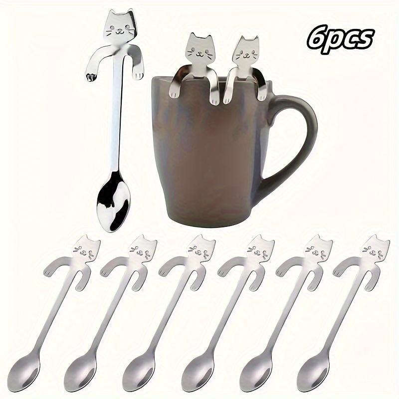 6-Pack Stainless Steel Cat-Shaped Hanging Cup Spoons - Tea Coffee Stirrer - Kitchen Utensil Set