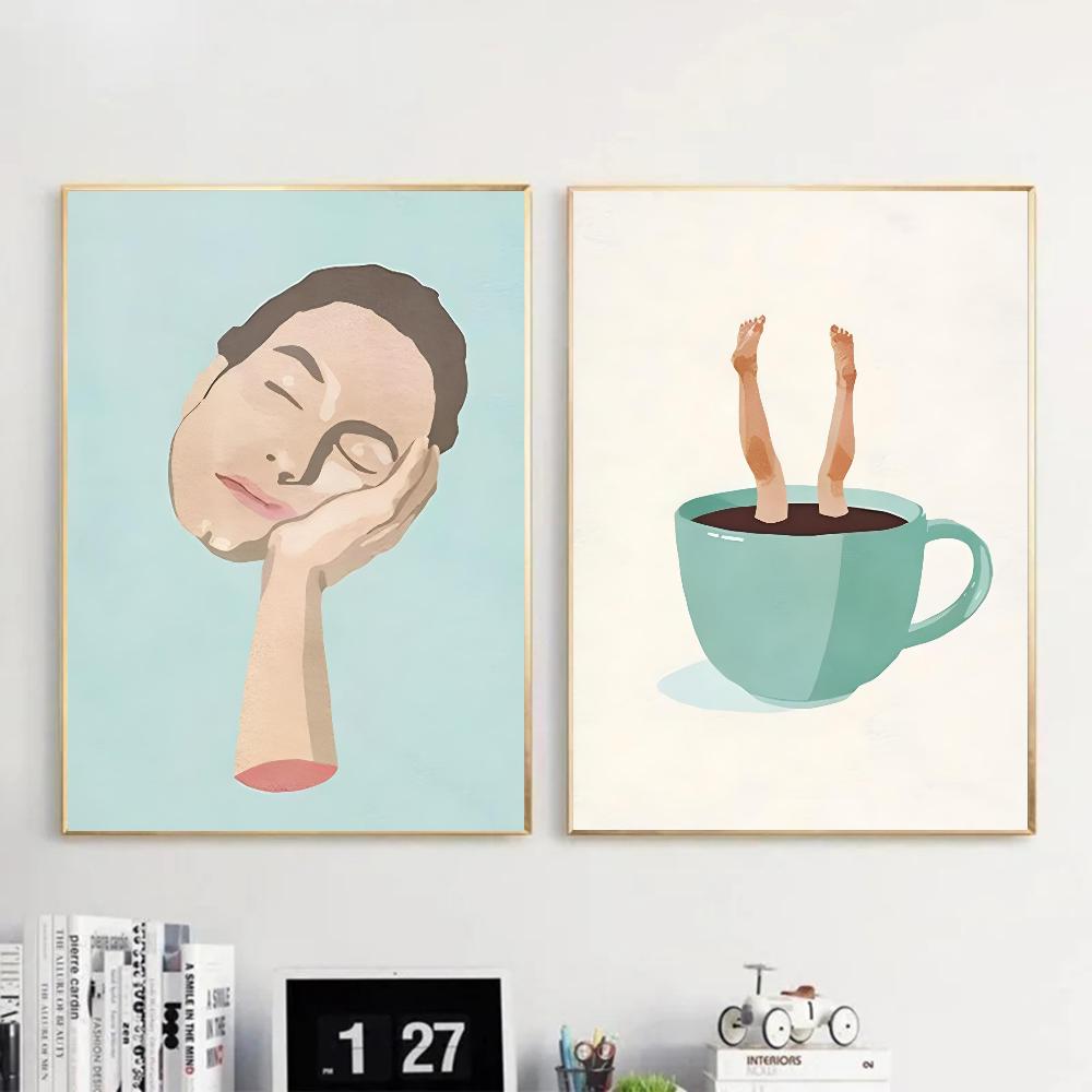 Abstract Figure Cup Thinking Coffee Girl Daily Life Nordic Poster HD Posters Home Room Bar Cafe Decor Art Wall Painting Picture