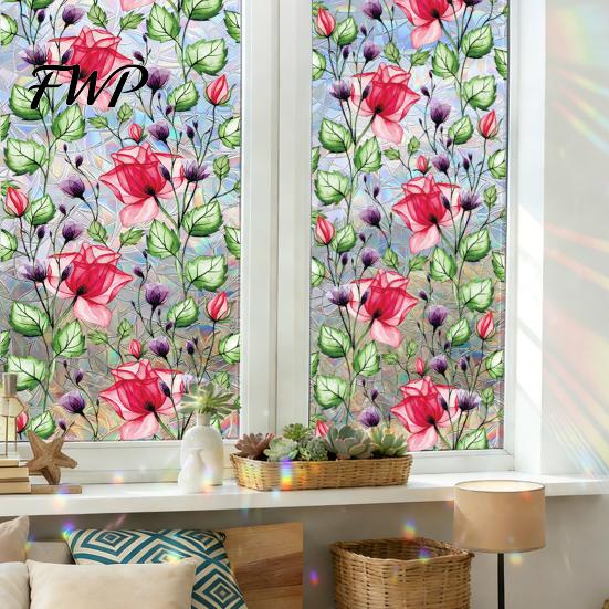 Statische Elektrizität Fensteraufkleber Buntglasfolie Floral Regenbogen Dekorativer Aufkleber Sonne Romantischer Aufkleber Blockierend Abnehmbar für Badezimmer Wohnzimmer