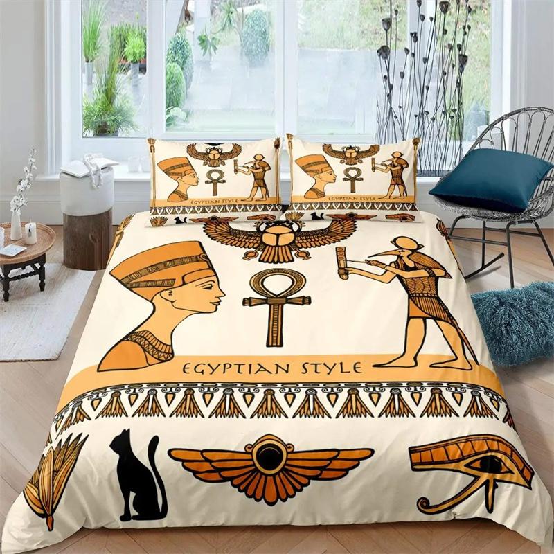 Ancient Egypt King Queen Duvet Cover Egyptian Symbol Bedding Collection Pharaoh Pyramid Boho Comforter Cover Soft Polyester Quilt Cover