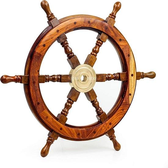 Nautical Premium Sailor's handgefertigtes Schiffsrad aus Messing und Holz, 60,96 cm