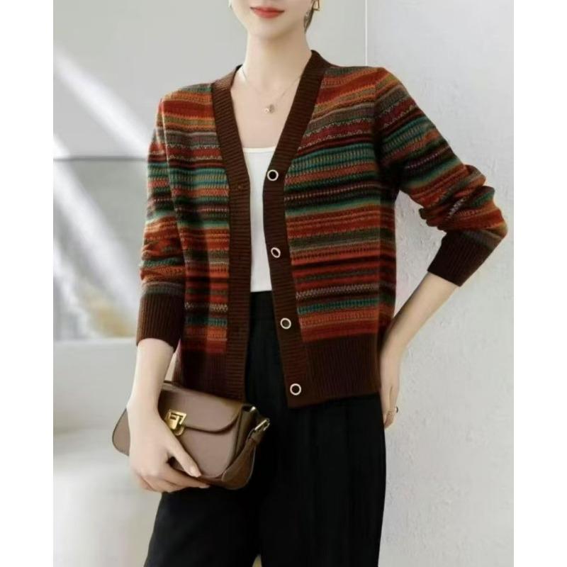 Spring New Word Collar Contrasting Color Buckle Loose Color Bar Fashion Casual Knitted Jacket Cardigan Sweater Women