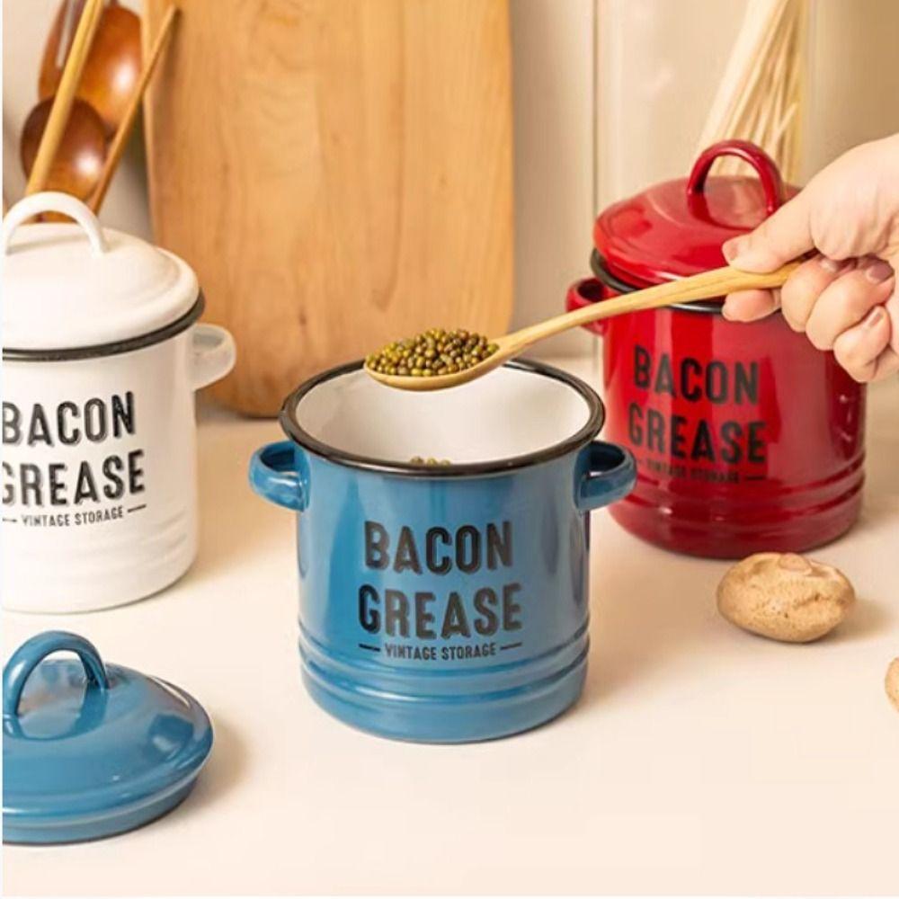 2 Handles Bacon Grease Container Lid Enamelware Cup 2025 Seasoning Storage Tank