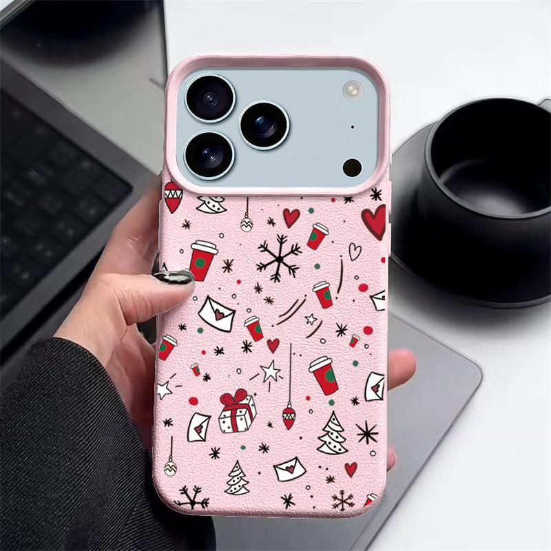 Full-Coverage Christmas Pattern iPhone Case for iPhone 17 16 15 14 Fro Max 13 Air - Festive Shockproof TPU Cover with PU Leather Texture