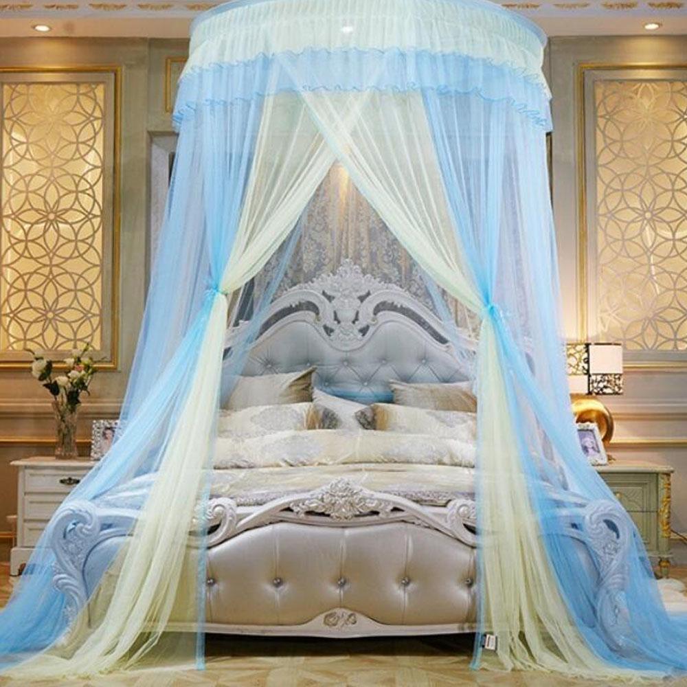 Elegant Blonder Seng Baldakin Myggnett Dome Hengende Blonder Insektsnett Kryptering Heving Tak Princess Dome Court