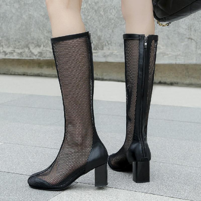 Modische hohe Stiefel für Damen 2026 Frühling Sommer Kniehohe Stiefel Schwarz Weiß Spitze Party Schuhe Damen Stiefel Große Größe 45