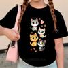 Four Cute Cats Print T-shirts for Girls Summer Casual Fashion Kids Colorful Comfortable Tops Children O-Neck Short Sleeve Tees