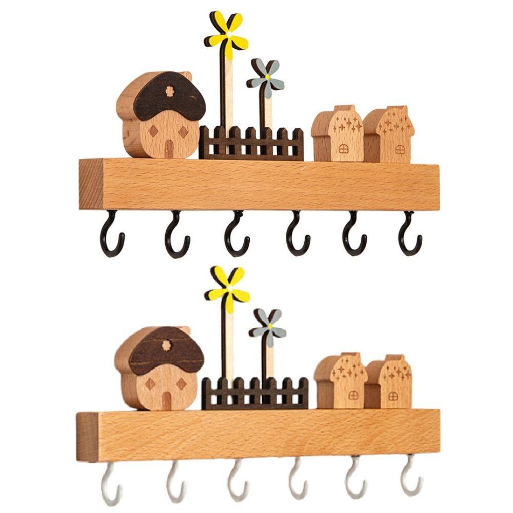 Wooden Key Hook Rack 6 Hooks Sundries Storage Shelf Coat Rack Kitchen Bathroom Bedroom