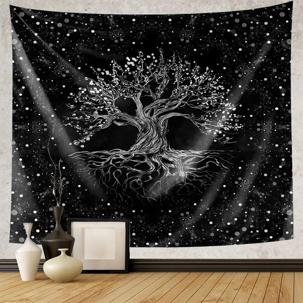 Green Tree of Life Tapestry Hippie Psychedelic Sun and Moon Wall Hanging Witchcraft Aesthetic Home Decoration Background