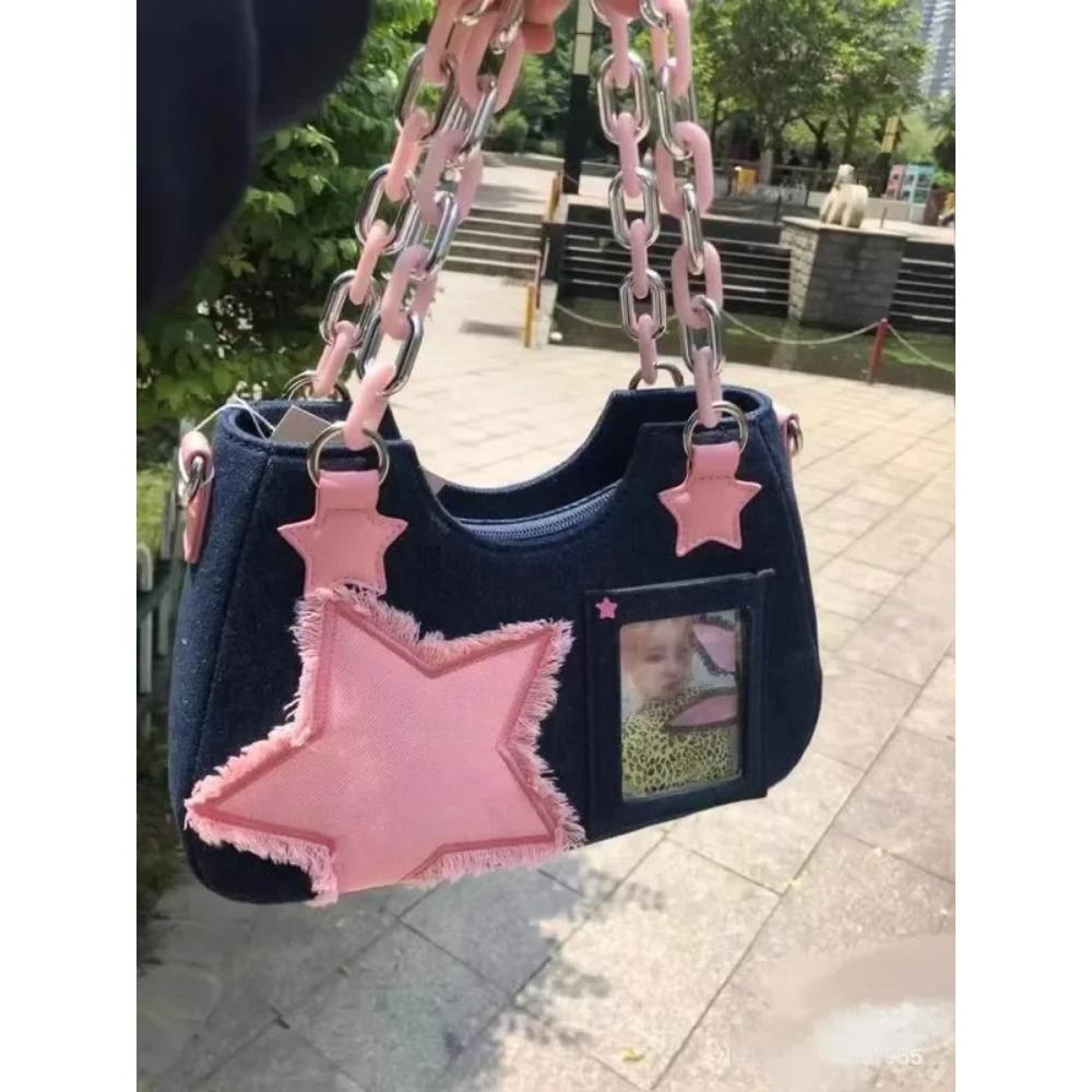 Korean Fashion Shoulder Underarm Harajuku Star Tote Denim Bag Chain Ladies Bags Zip Purses Handbags Women 2023 Luxury Square Bag